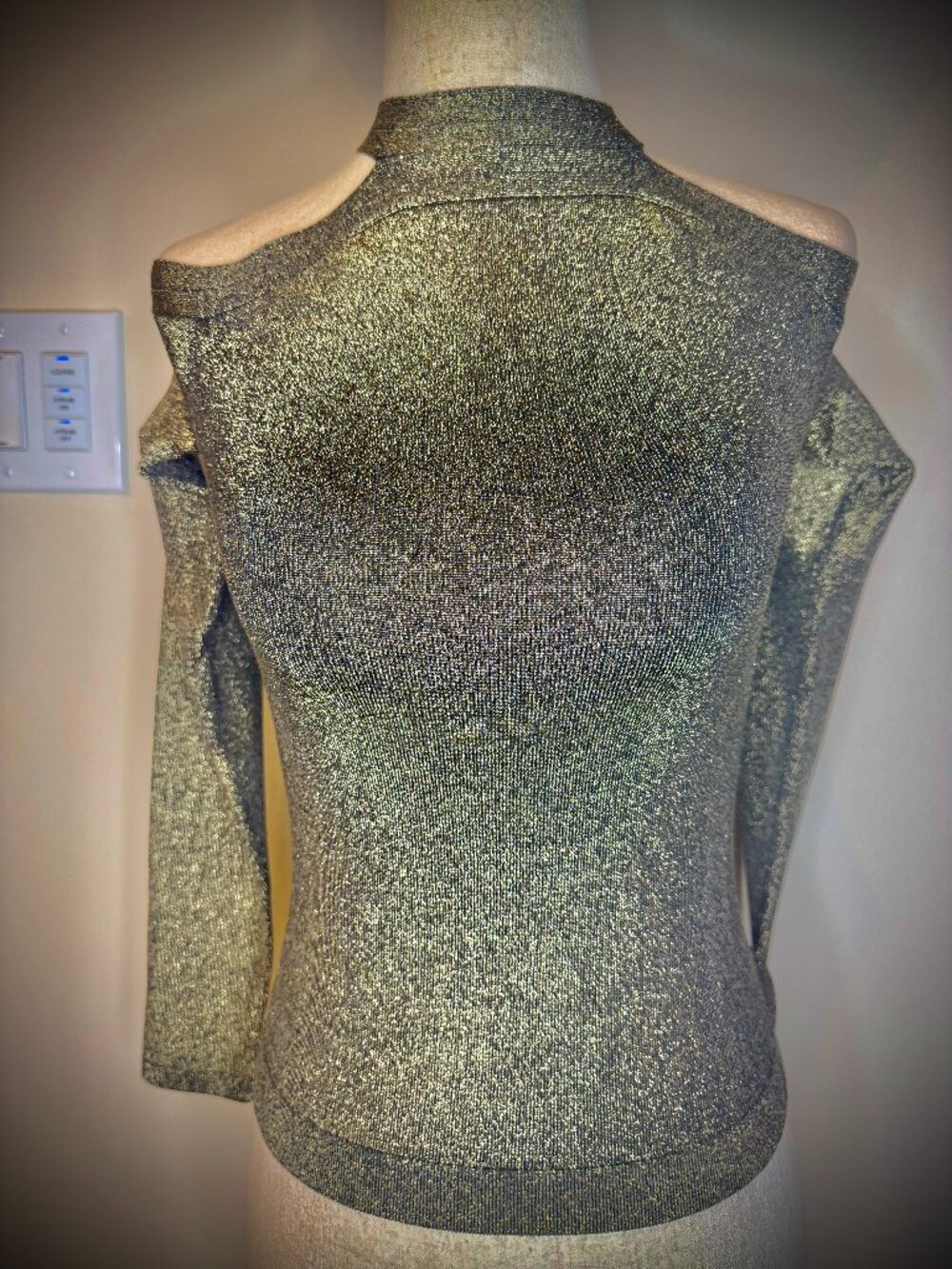 Marciano Gold Lurex Shimmer Black Sweater, Cold Shoulder, Slimming, Mock Neck